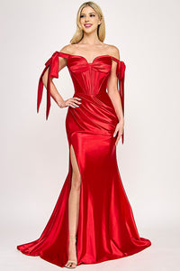 Wholesale Satin Off-Shoulder Corset Gown with Draped Skirt & Side Slit By LAF8401