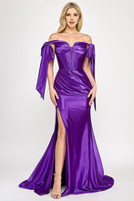 Load image into Gallery viewer, Wholesale Satin Off-Shoulder Corset Gown with Draped Skirt &amp; Side Slit By LAF8401