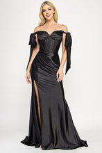 Load image into Gallery viewer, Wholesale Satin Off-Shoulder Corset Gown with Draped Skirt &amp; Side Slit By LAF8401