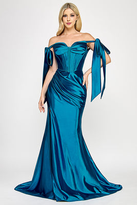 Wholesale Satin Off-Shoulder Corset Gown with Draped Skirt & Side Slit By LAF8401