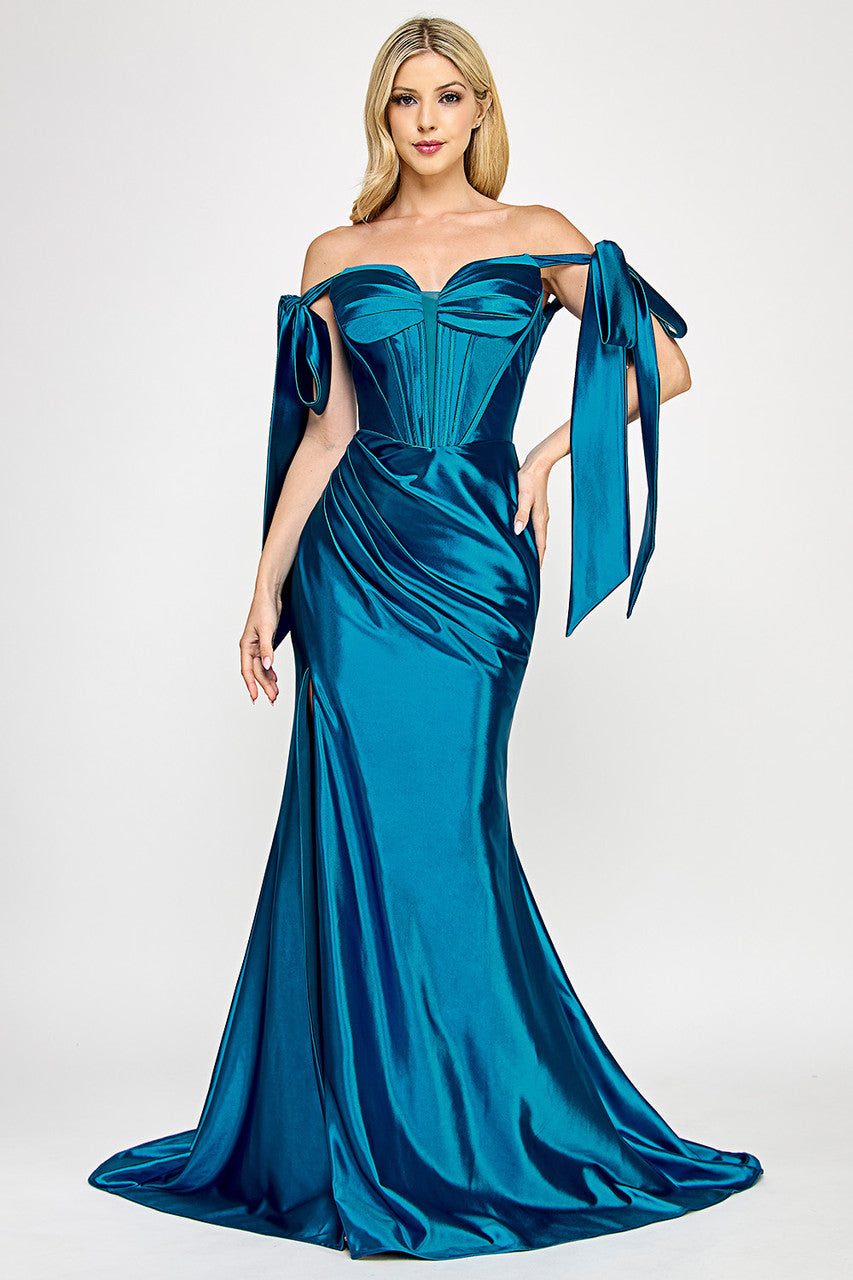 Wholesale Satin Off-Shoulder Corset Gown with Draped Skirt & Side Slit By LAF8401