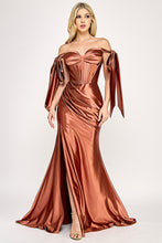 Load image into Gallery viewer, Wholesale Satin Off-Shoulder Corset Gown with Draped Skirt &amp; Side Slit By LAF8401