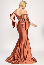 Load image into Gallery viewer, Wholesale Satin Off-Shoulder Corset Gown with Draped Skirt &amp; Side Slit By LAF8401