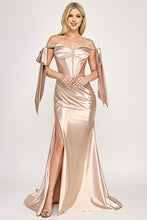 Load image into Gallery viewer, Wholesale Satin Off-Shoulder Corset Gown with Draped Skirt &amp; Side Slit By LAF8401