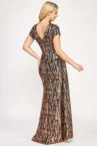 Wholesale Sequin Velvet Wave Pattern Evening Gown with Side Slit By LAF5331