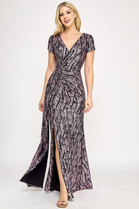 Wholesale Sequin Velvet Wave Pattern Evening Gown with Side Slit By LAF5331