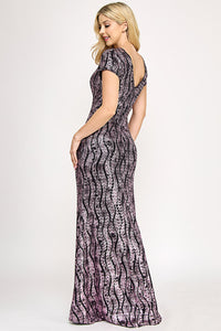 Wholesale Sequin Velvet Wave Pattern Evening Gown with Side Slit By LAF5331
