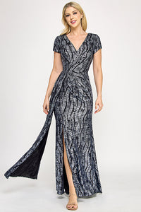 Wholesale Sequin Velvet Wave Pattern Evening Gown with Side Slit By LAF5331