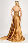 Load image into Gallery viewer, LAF8397 Wholesale Off-Shoulder Satin Corset Prom Dress with Beaded Floral Appliqués &amp; High Slit