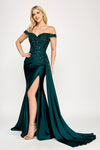 Load image into Gallery viewer, LAF8397 Wholesale Off-Shoulder Satin Corset Prom Dress with Beaded Floral Appliqués &amp; High Slit