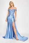 Load image into Gallery viewer, LAF8397 Wholesale Off-Shoulder Satin Corset Prom Dress with Beaded Floral Appliqués &amp; High Slit