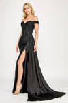 Load image into Gallery viewer, LAF8397 Wholesale Off-Shoulder Satin Corset Prom Dress with Beaded Floral Appliqués &amp; High Slit