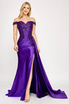 Load image into Gallery viewer, LAF8397 Wholesale Off-Shoulder Satin Corset Prom Dress with Beaded Floral Appliqués &amp; High Slit