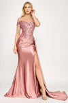 Load image into Gallery viewer, LAF8397 Wholesale Off-Shoulder Satin Corset Prom Dress with Beaded Floral Appliqués &amp; High Slit