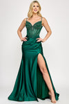Cargar imagen en el visor de la galería, Wholesale Satin Beaded Corset Evening Gown with Sweetheart Neckline, High Slit &amp; Mermaid Train By LAF8404 - EMERALD - Dress LAF