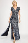 Cargar imagen en el visor de la galería, Wholesale Sequin Velvet Wave Pattern Evening Gown with Side Slit By LAF5331 - NAVY BLUE - Dress LAF