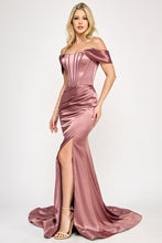 Load image into Gallery viewer, Wholesale Off-Shoulder Satin Corset Gown with Thigh-High Slit, &amp; Dramatic Train By LAF8359