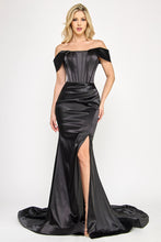 Load image into Gallery viewer, Wholesale Off-Shoulder Satin Corset Gown with Thigh-High Slit, &amp; Dramatic Train By LAF8359