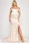 Load image into Gallery viewer, Wholesale Off-Shoulder Satin Corset Gown with Thigh-High Slit, &amp; Dramatic Train By LAF8359