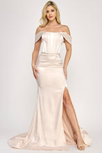 Load image into Gallery viewer, Wholesale Off-Shoulder Satin Corset Gown with Thigh-High Slit, &amp; Dramatic Train By LAF8359