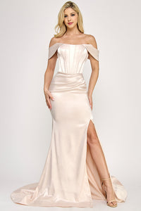 Wholesale Off-Shoulder Satin Corset Gown with Thigh-High Slit, & Dramatic Train By LAF8359