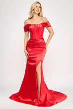 Load image into Gallery viewer, Wholesale Off-Shoulder Satin Corset Gown with Thigh-High Slit, &amp; Dramatic Train By LAF8359