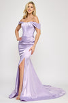 Load image into Gallery viewer, Wholesale Off-Shoulder Satin Corset Gown with Thigh-High Slit, &amp; Dramatic Train By LAF8359