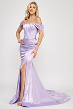Load image into Gallery viewer, Wholesale Off-Shoulder Satin Corset Gown with Thigh-High Slit, &amp; Dramatic Train By LAF8359