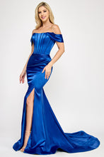 Load image into Gallery viewer, Wholesale Off-Shoulder Satin Corset Gown with Thigh-High Slit, &amp; Dramatic Train By LAF8359