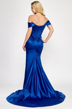 Load image into Gallery viewer, Wholesale Off-Shoulder Satin Corset Gown with Thigh-High Slit, &amp; Dramatic Train By LAF8359