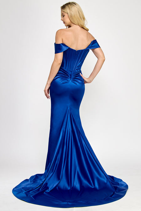 Wholesale Off-Shoulder Satin Corset Gown with Thigh-High Slit, & Dramatic Train By LAF8359
