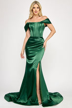 Load image into Gallery viewer, Wholesale Off-Shoulder Satin Corset Gown with Thigh-High Slit, &amp; Dramatic Train By LAF8359