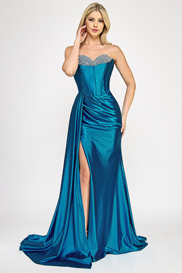 Wholesale Strapless Corset Gown with Rhinestone Sweetheart Neckline and High Slit By LAF8402