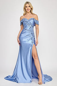 Wholesale Off-Shoulder Satin Evening Gown with Floral Beading and Front Slit By LAF8353