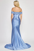 Load image into Gallery viewer, Wholesale Off-Shoulder Satin Evening Gown with Floral Beading and Front Slit By LAF8353