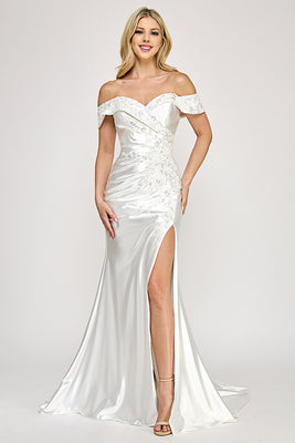 Wholesale Ivory Off-Shoulder Satin Wedding Gown with Slit and Beaded Appliqué By LAF8353