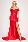 Load image into Gallery viewer, Wholesale Off-Shoulder Satin Evening Gown with Floral Beading and Front Slit By LAF8353