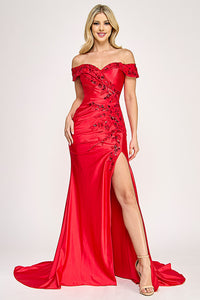 Wholesale Off-Shoulder Satin Evening Gown with Floral Beading and Front Slit By LAF8353