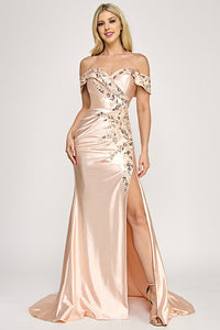 Wholesale Off-Shoulder Satin Evening Gown with Floral Beading and Front Slit By LAF8353