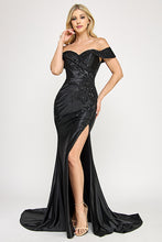 Load image into Gallery viewer, Wholesale Off-Shoulder Satin Evening Gown with Floral Beading and Front Slit By LAF8353