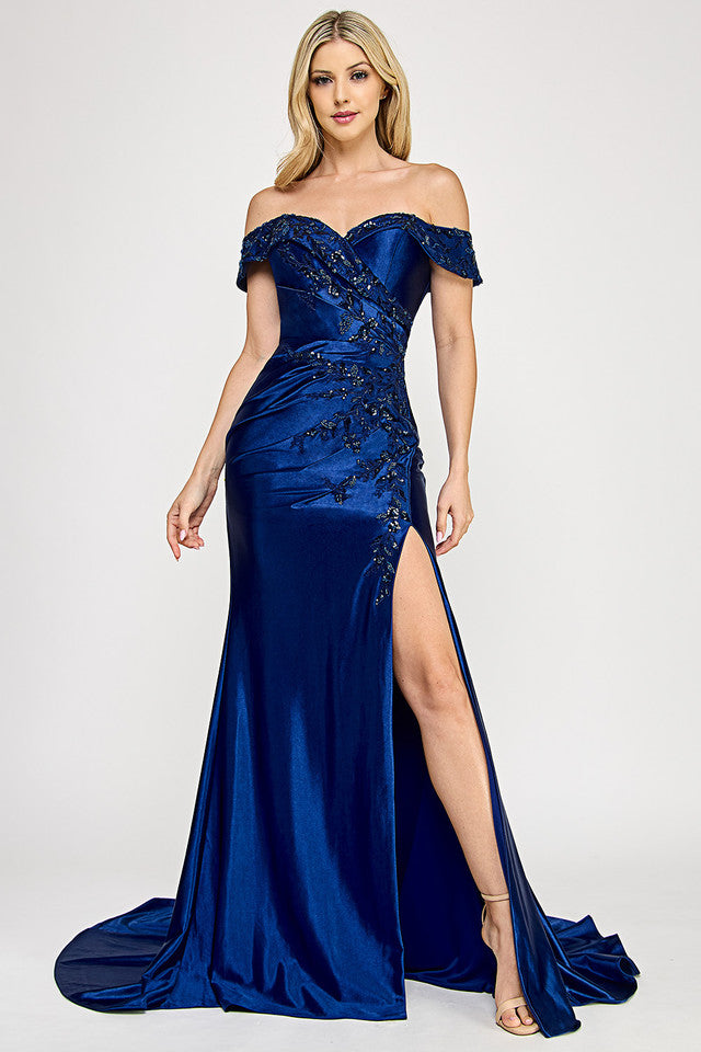 Wholesale Off-Shoulder Satin Evening Gown with Floral Beading and Front Slit By LAF8353