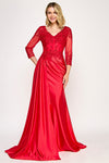 Cargar imagen en el visor de la galería, Wholesale Long Sleeve Lace Bodice Mother of the Bride Gown with Satin Skirt &amp; Slit Dress by LAF8366 - RED - Dress LAF