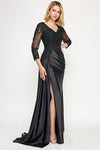 Cargar imagen en el visor de la galería, Wholesale Long Sleeve Lace Bodice Mother of the Bride Gown with Satin Skirt &amp; Slit Dress by LAF8366 - BLACK - Dress LAF