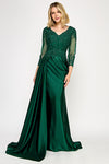 Cargar imagen en el visor de la galería, Wholesale Long Sleeve Lace Bodice Mother of the Bride Gown with Satin Skirt &amp; Slit Dress by LAF8366 - HUNTER GREEN - Dress LAF