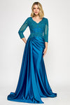 Cargar imagen en el visor de la galería, Wholesale Long Sleeve Lace Bodice Mother of the Bride Gown with Satin Skirt &amp; Slit Dress by LAF8366 - - Dress LAF