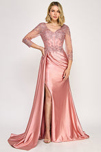 Load image into Gallery viewer, Wholesale Elegant Satin Evening Gown with Sheer Sleeves, Side Slit and Floor-Length Skirt By LAF8366