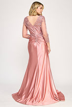 Load image into Gallery viewer, Wholesale Elegant Satin Evening Gown with Sheer Sleeves, Side Slit and Floor-Length Skirt By LAF8366