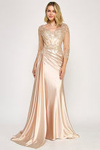 Load image into Gallery viewer, Wholesale Elegant Satin Evening Gown with Sheer Sleeves, Side Slit and Floor-Length Skirt By LAF8366
