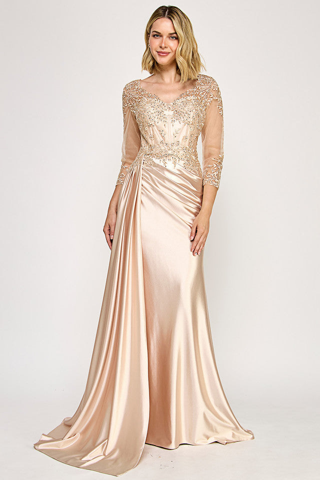 Wholesale Elegant Satin Evening Gown with Sheer Sleeves, Side Slit and Floor-Length Skirt By LAF8366