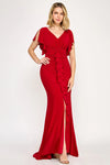 Cargar imagen en el visor de la galería, LAF8376 Wholesale Mother of the Bride Long Evening Gown with V-Neck Flutter Sleeves &amp; Slit - RED - Mother of the Bride Dress LAF